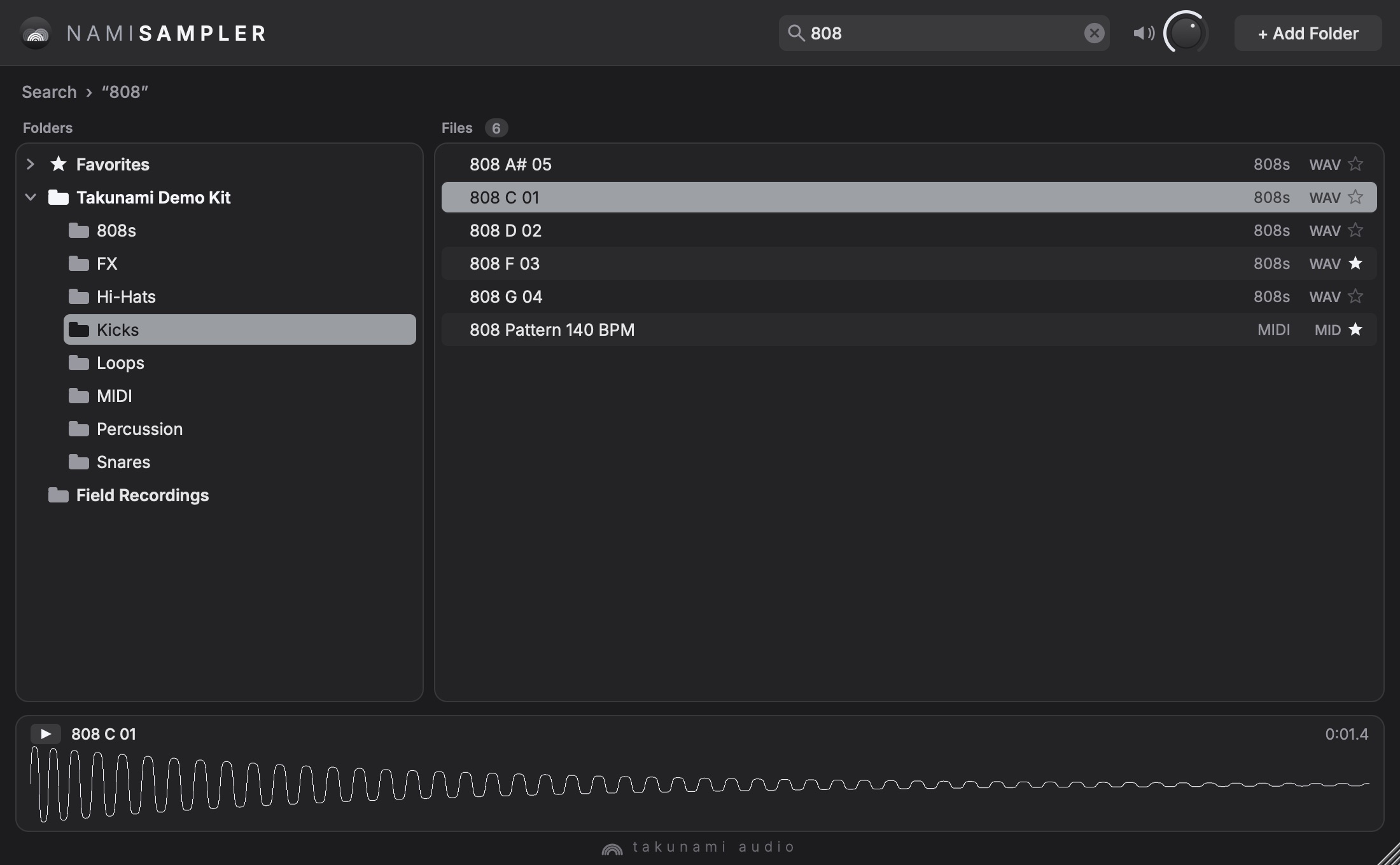 Searching for 808 across every folder gives six results, including a MIDI pattern